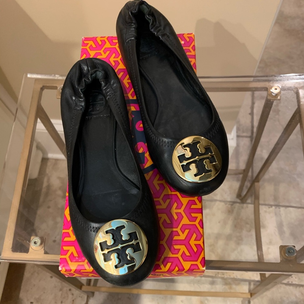 Tory Burch Black Flats with Gold Logo